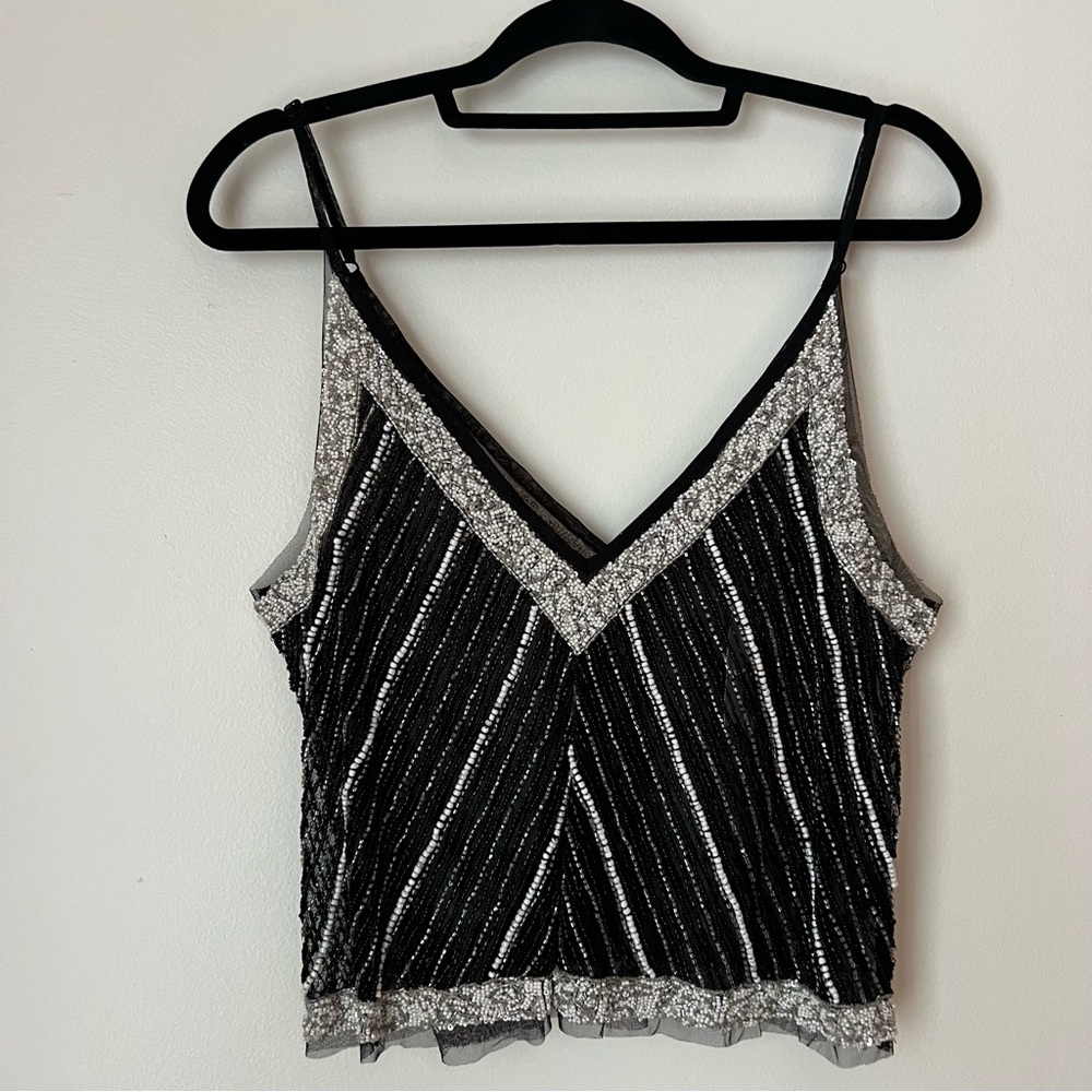 By Anthropologie Embellished Stripe Cami, Black Beads and Silver, Size M - Picture 7 of 14